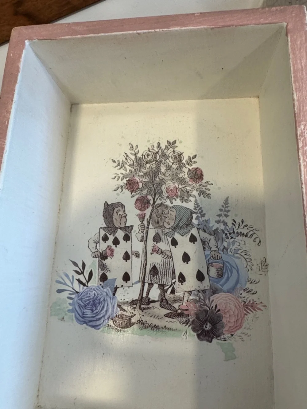 Decorative Painted Wooden Trinket Box or Catch All in Pale Pink and Cream